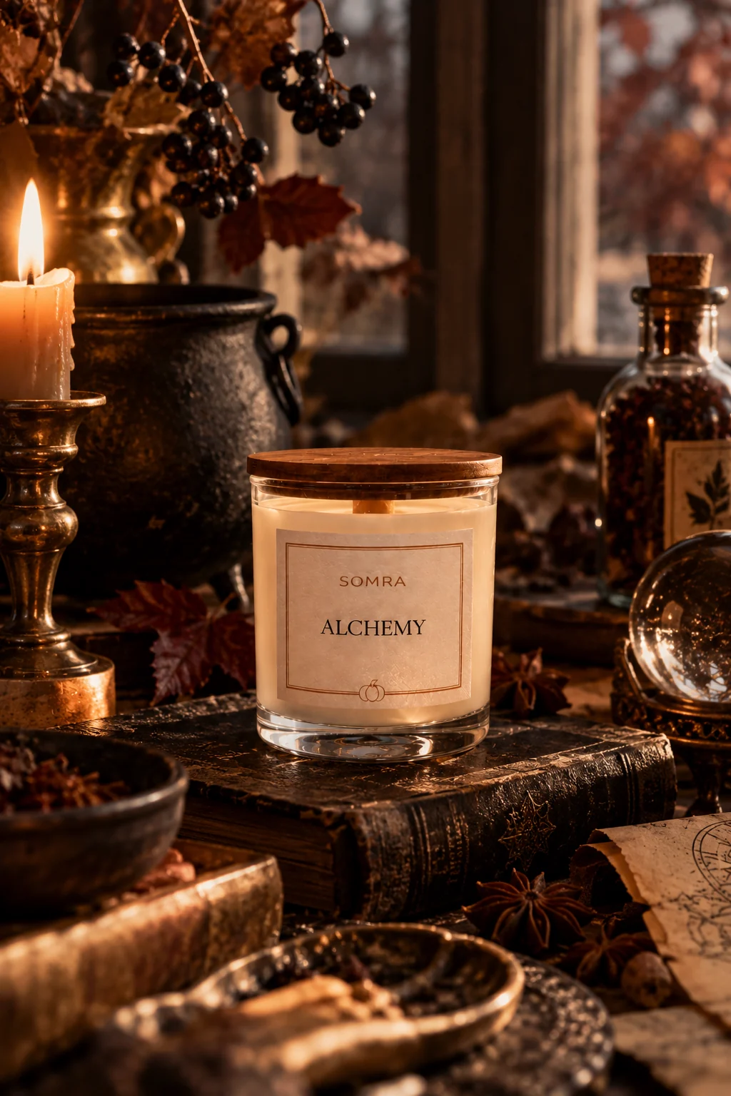Свеча Alchemy среди старинных книг и специй